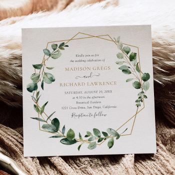 elegant greenery gold geometric frame wedding invitation