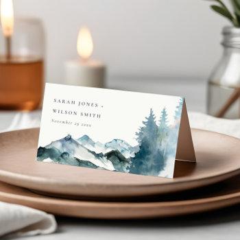 elegant grey blush blue mountains pine wedding place card