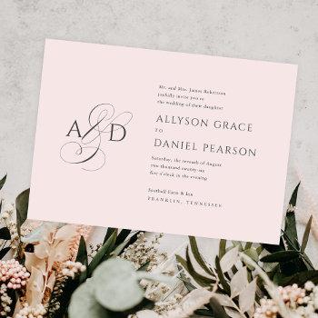 elegant initial script monogram blush pink wedding invitation