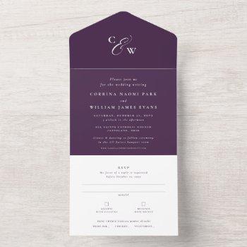 elegant initials autumn plum purple wedding all in one invitation