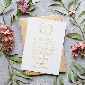 elegant laurel wreath monogram typography wedding foil invitation
