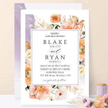 elegant lavender peach botanical wedding invitation