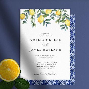 elegant lemon botanical blue mediterranean wedding invitation