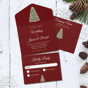 Small Elegant Lit Christmas Tree On Burgundy Red Wedding All In One Front View