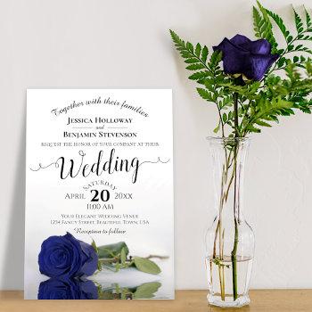 elegant long stemmed royal navy blue rose wedding invitation