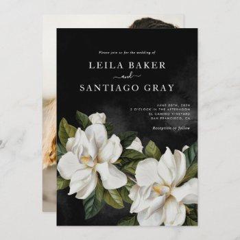 elegant magnolia wedding invitation with photo