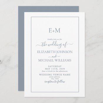 elegant minimal dusty blue formal monogram wedding invitation