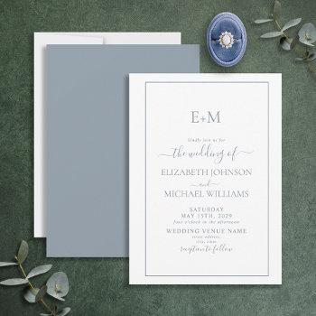 Small Elegant Minimal Dusty Blue Formal Monogram Wedding Front View