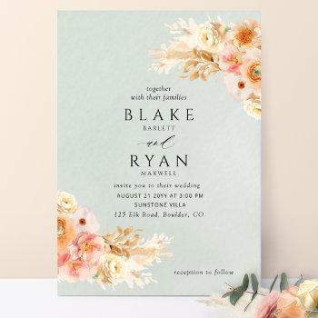 elegant, minimal sage, peach, blush cream wedding invitation