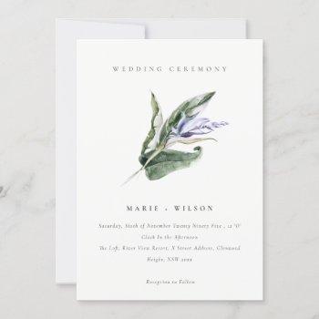 elegant minimal tropical leafy blue floral wedding invitation