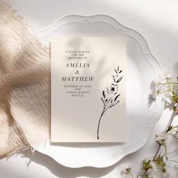 elegant minimalist floral drawing in cream wedding invitation