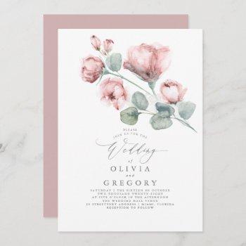 elegant modern dusty pink rose floral wedding invitation