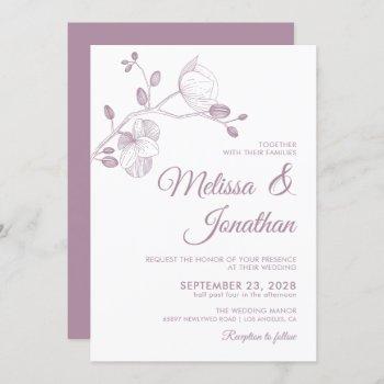 elegant modern floral white purple orchids wedding invitation