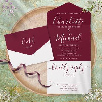 elegant modern script minimalist burgundy wedding all in one invitation