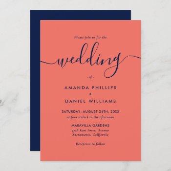 elegant modern script navy blue and coral wedding invitation