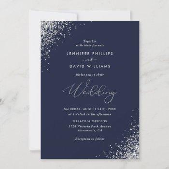 elegant modern silver glitter navy blue wedding invitation