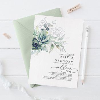 elegant modern succulents silver greenery wedding foil invitation