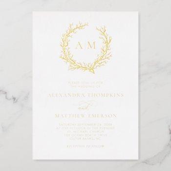 elegant monogram beach wedding real gold foil invitation