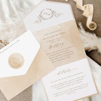 elegant monogram beige cream watercolor wedding all in one invitation