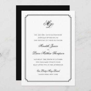 elegant monogram black and white script wedding invitation