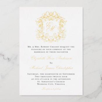 elegant monogram crest wedding gold  foil invitation