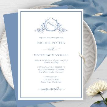 elegant monogram dusty blue wedding invitation