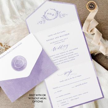 elegant monogram lavender lilac watercolor wedding all in one invitation