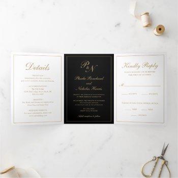 Small Elegant Monogram Photo Black Gold Formal Wedding Tri-fold Front View