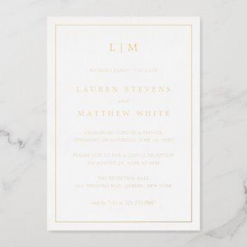 elegant monogram wedding reception only gold foil invitation