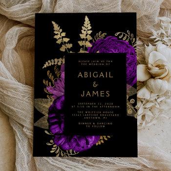 elegant moody dark floral purple gold wedding invitation