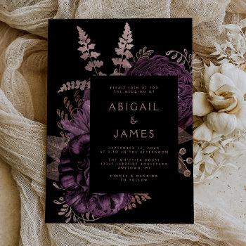 elegant moody dark floral purple rose gold wedding invitation