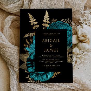 elegant moody dark floral turquoise gold wedding invitation