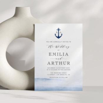 elegant nautical style watercolor blue wedding invitation