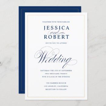 elegant navy blue calligraphy wedding faux gold invitation