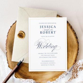 elegant navy blue calligraphy wedding faux gold invitation