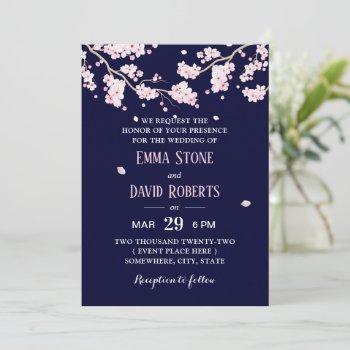 elegant navy blue cherry blossom wedding invitation