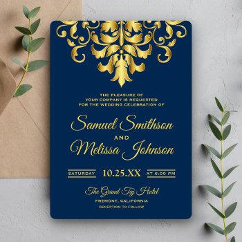elegant navy blue gold damask wedding invitation