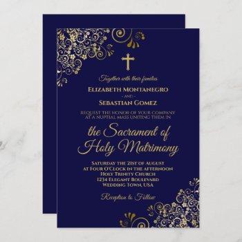 elegant navy blue & gold modern catholic wedding invitation