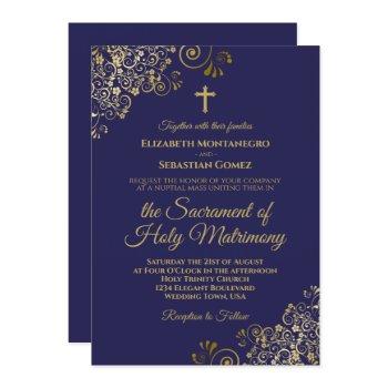 elegant navy blue & gold modern catholic wedding invitation
