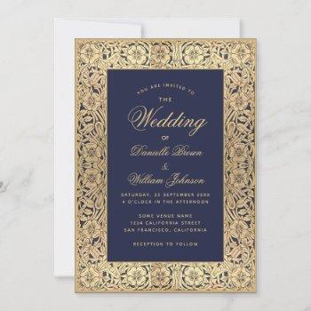 Small Elegant Navy Blue Gold Vintage Floral Wedding Front View
