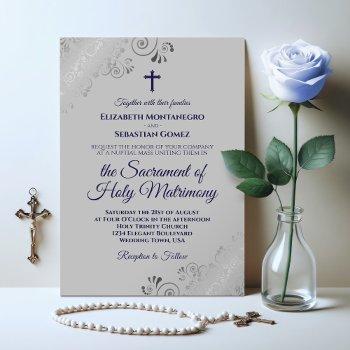elegant navy blue & gray modern catholic wedding invitation