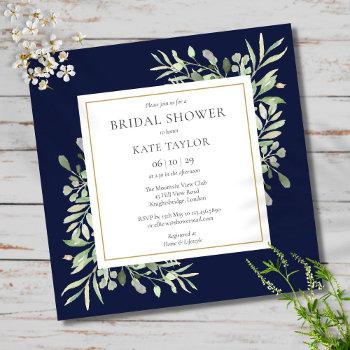 elegant navy blue greenery wedding bridal shower invitation
