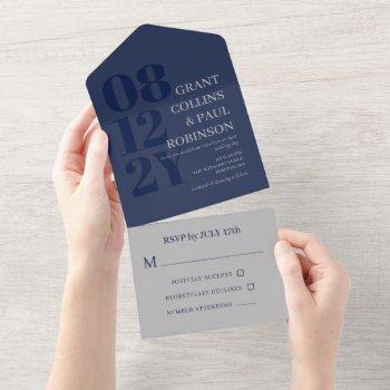 Small Elegant Navy Blue Grey Typography Wedding All In One Front View