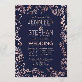 Small Elegant Navy Blue Rose Gold Floral Wedding Invites Front View