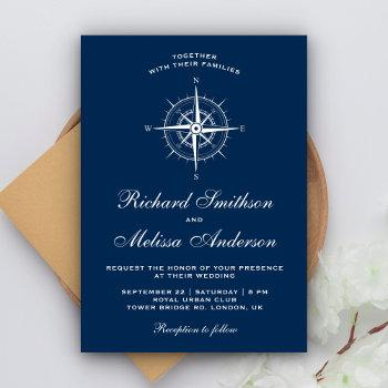 elegant navy blue white nautical compass wedding invitation