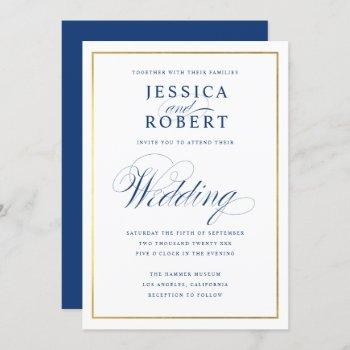 elegant navy calligraphy wedding faux gold border invitation