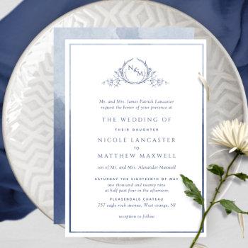 elegant navy monogram formal watercolor wedding invitation