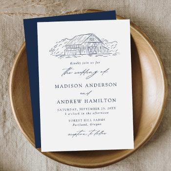 elegant navy rustic barn wedding invitation