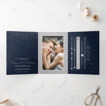 Small Elegant Navy & Silver Falling Stars Wedding Suite Tri-fold Front View