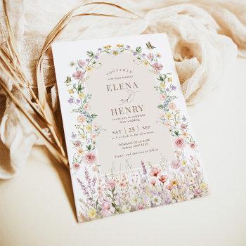 elegant pastel wildflower backyard garden wedding invitation